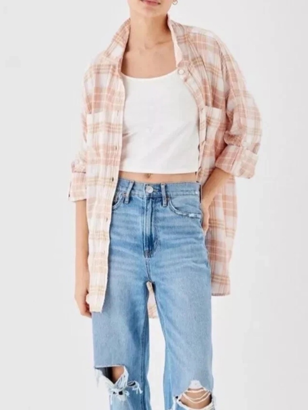 American Eagle Oversized Button Up Beach Shirt Linen Blend Plaid Flannel Large